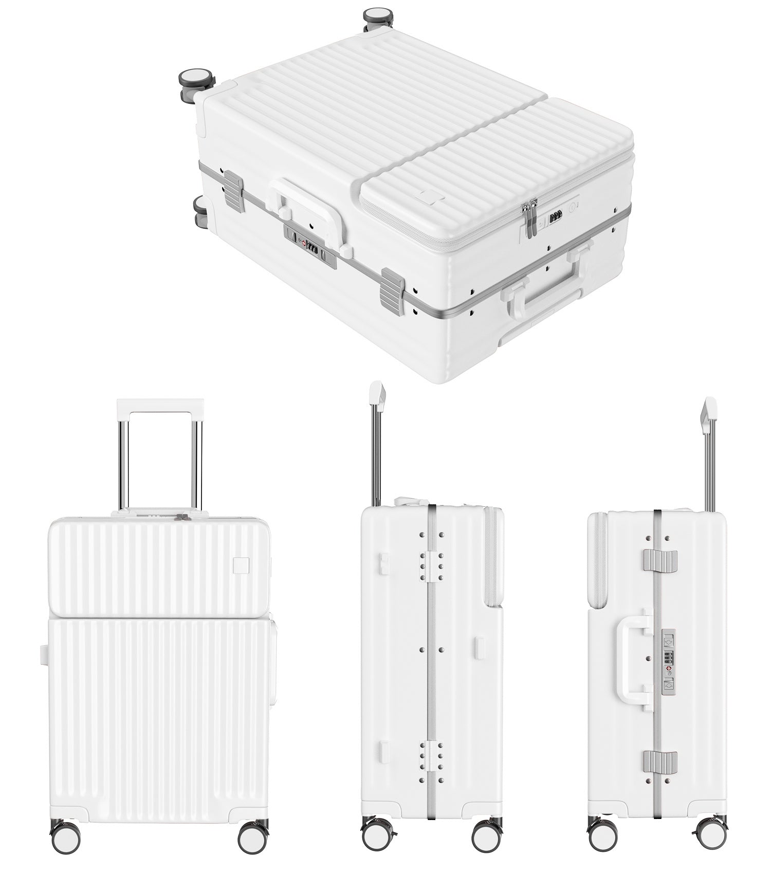 フロントオープン スーツケース アルミフレーム 100%PC｜USB・カップホルダー付き 静音キャスター TSAロック（S/M/L）