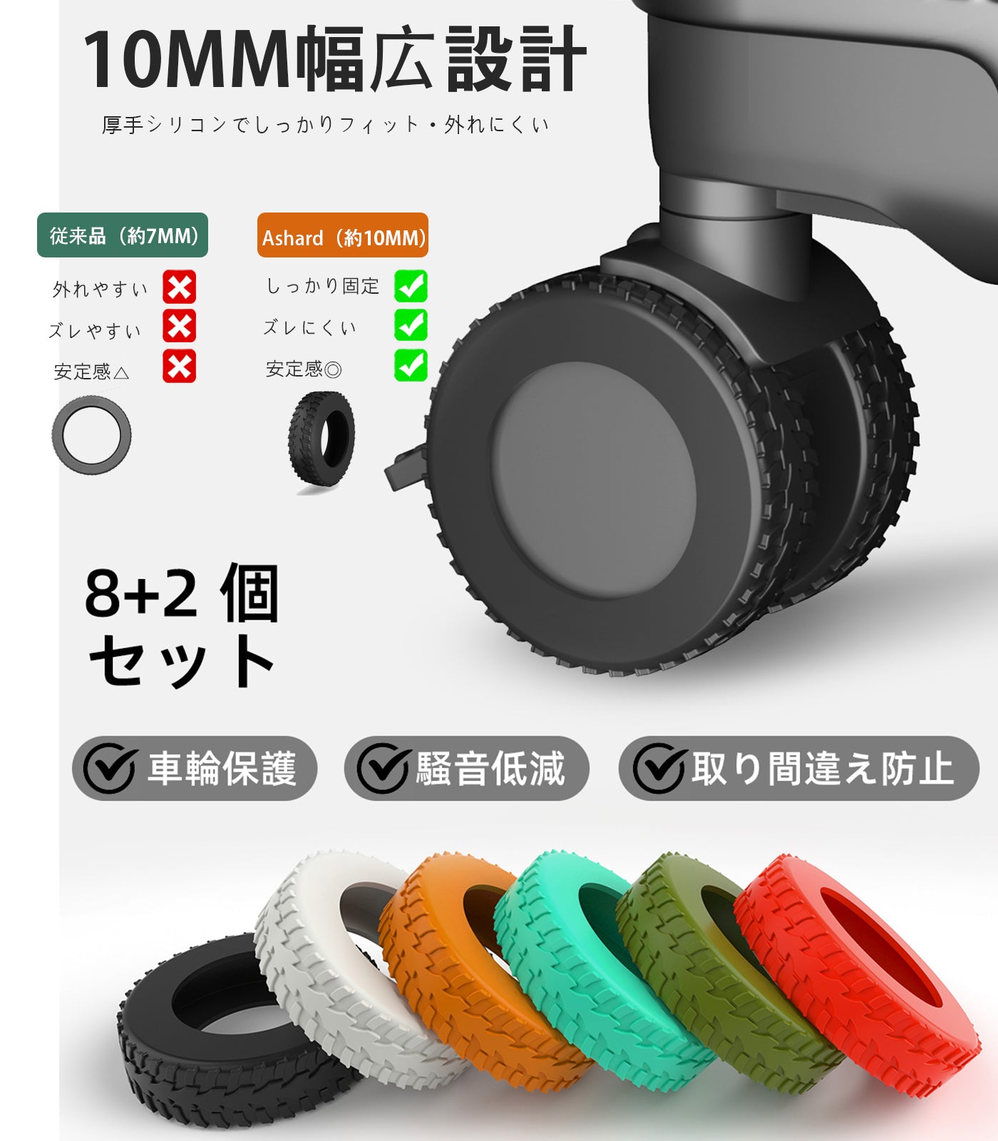 スーツケース キャスターカバー 10個セット シリコン｜静音・キズ防止 幅広10mm 簡単装着（直径5/5.5/6cm対応）