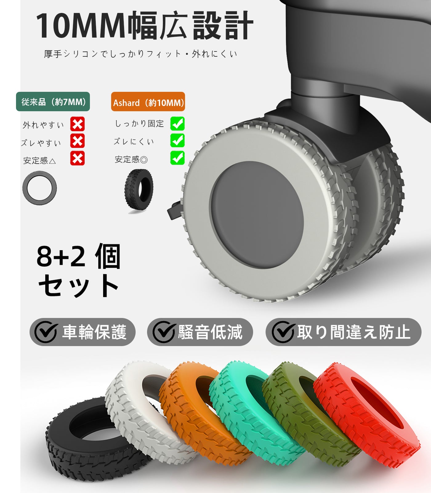 スーツケース キャスターカバー 10個セット シリコン｜静音・キズ防止 幅広10mm 簡単装着（直径5/5.5/6cm対応）