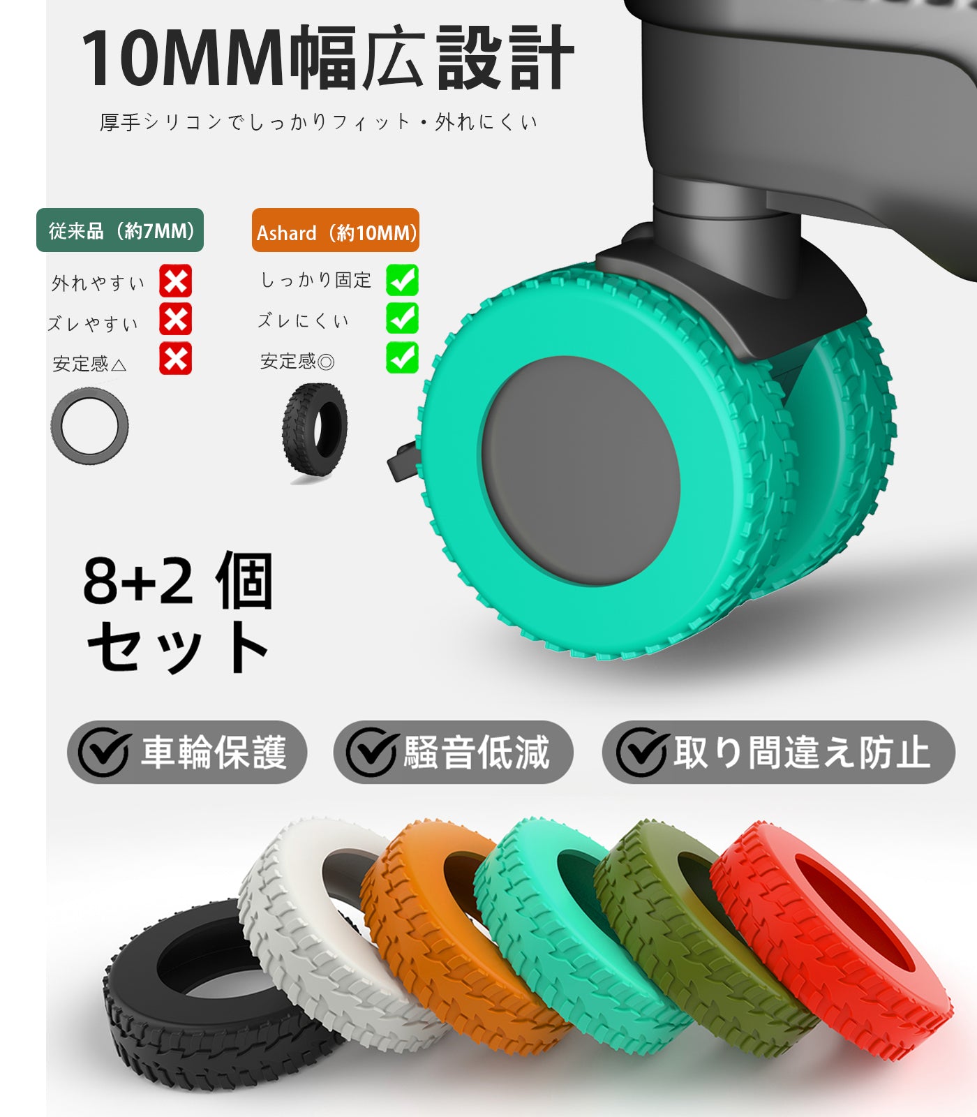 スーツケース キャスターカバー 10個セット シリコン｜静音・キズ防止 幅広10mm 簡単装着（直径5/5.5/6cm対応）