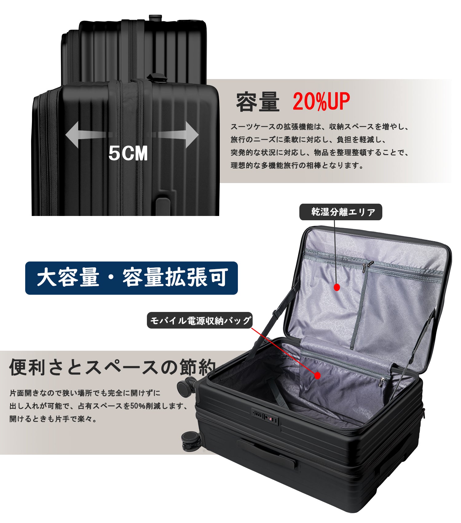 片開き 拡張スーツケース｜省スペース設計 USB・カップホルダー付き 静音キャスター TSAロック 大容量（S/M/L）