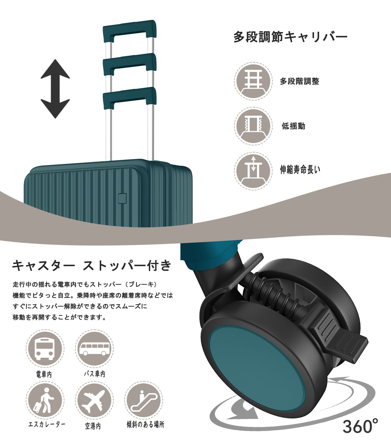 片開き 拡張スーツケース｜省スペース設計 USB・カップホルダー付き 静音キャスター TSAロック 大容量（S/M/L）
