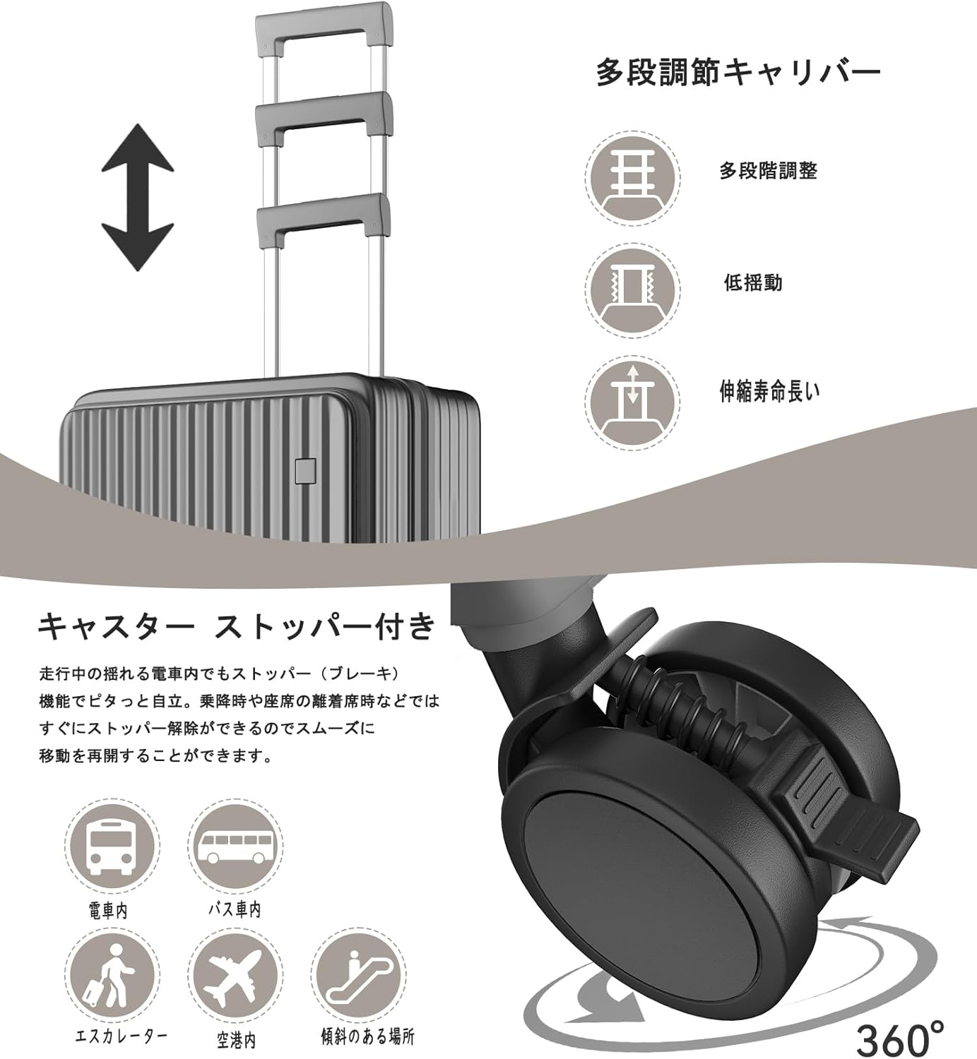 片開き 拡張スーツケース｜省スペース設計 USB・カップホルダー付き 静音キャスター TSAロック 大容量（S/M/L）