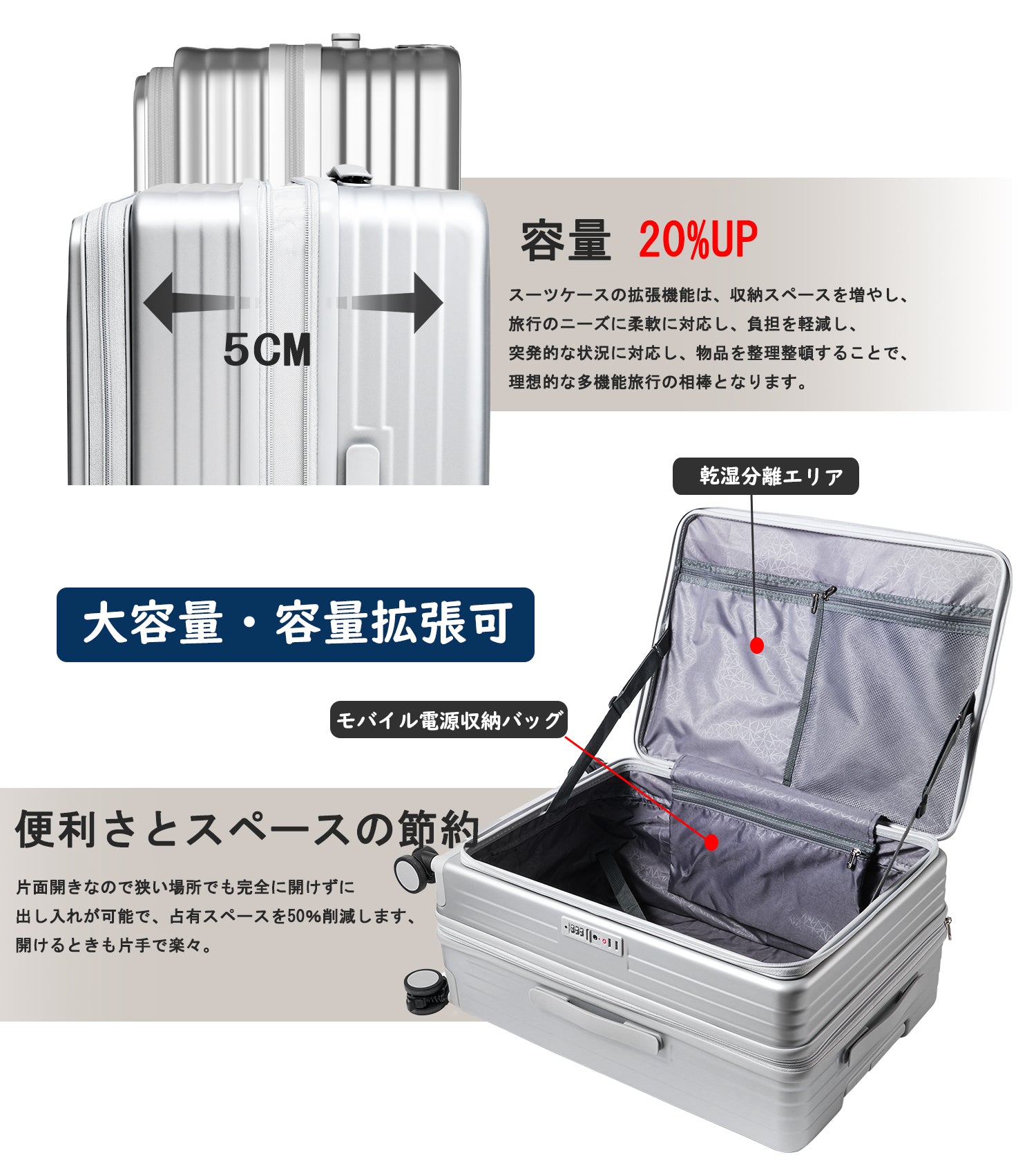 片開き 拡張スーツケース｜省スペース設計 USB・カップホルダー付き 静音キャスター TSAロック 大容量（S/M/L）