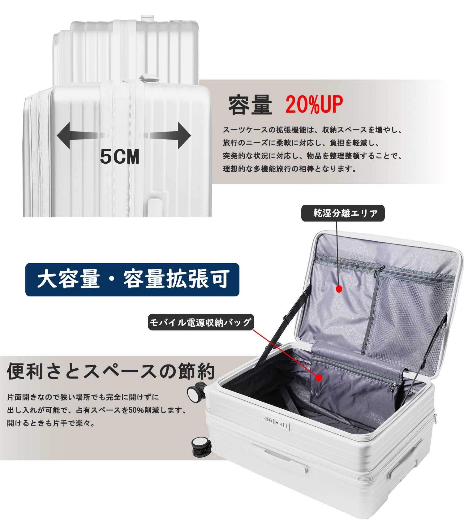 片開き 拡張スーツケース｜省スペース設計 USB・カップホルダー付き 静音キャスター TSAロック 大容量（S/M/L）
