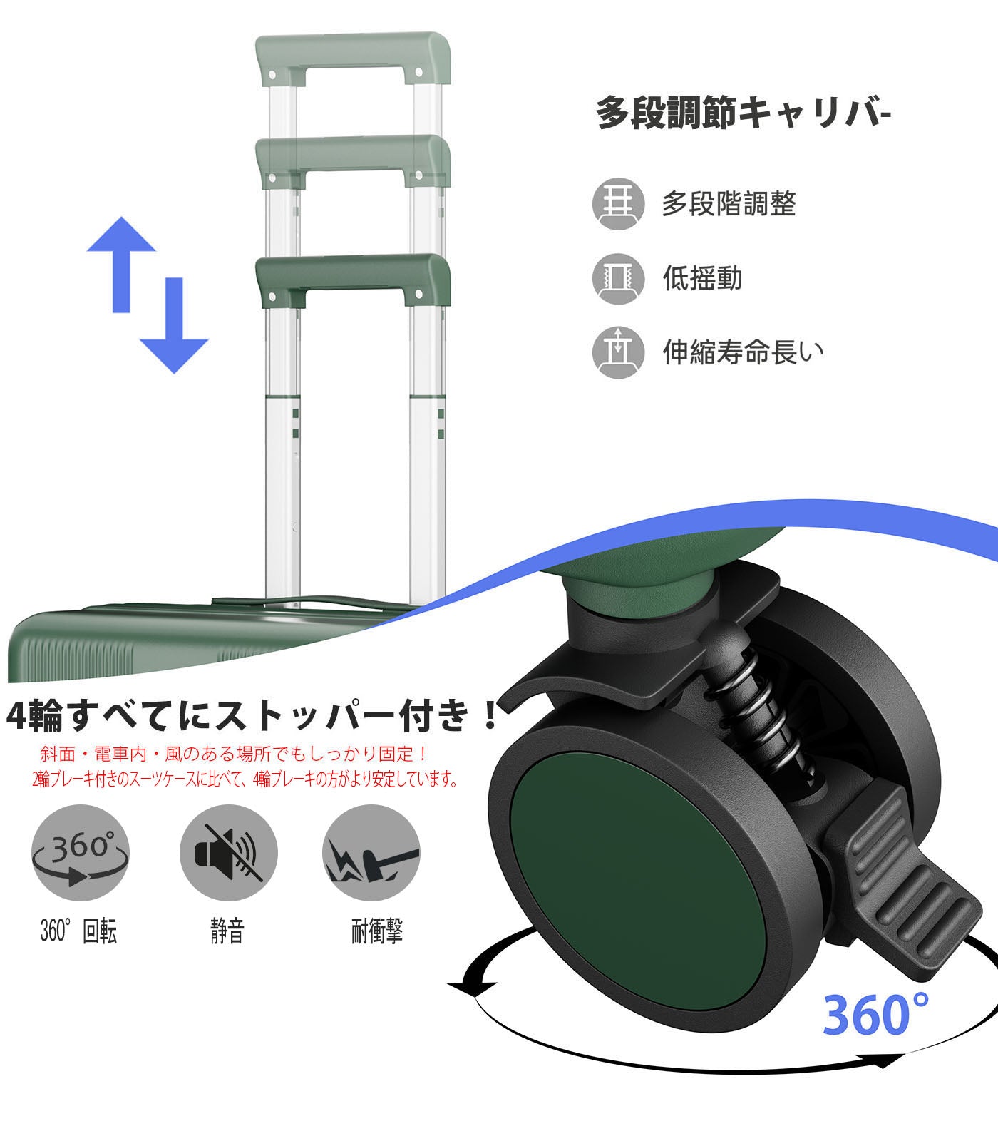 拡張スーツケース 100%PC・YKKファスナー｜機内持ち込み〜大型 USB・カップホルダー付き 静音キャスター TSAロック（S/M/L）