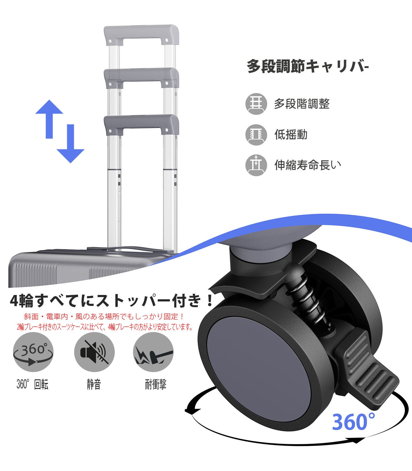拡張スーツケース 100%PC・YKKファスナー｜機内持ち込み〜大型 USB・カップホルダー付き 静音キャスター TSAロック（S/M/L）