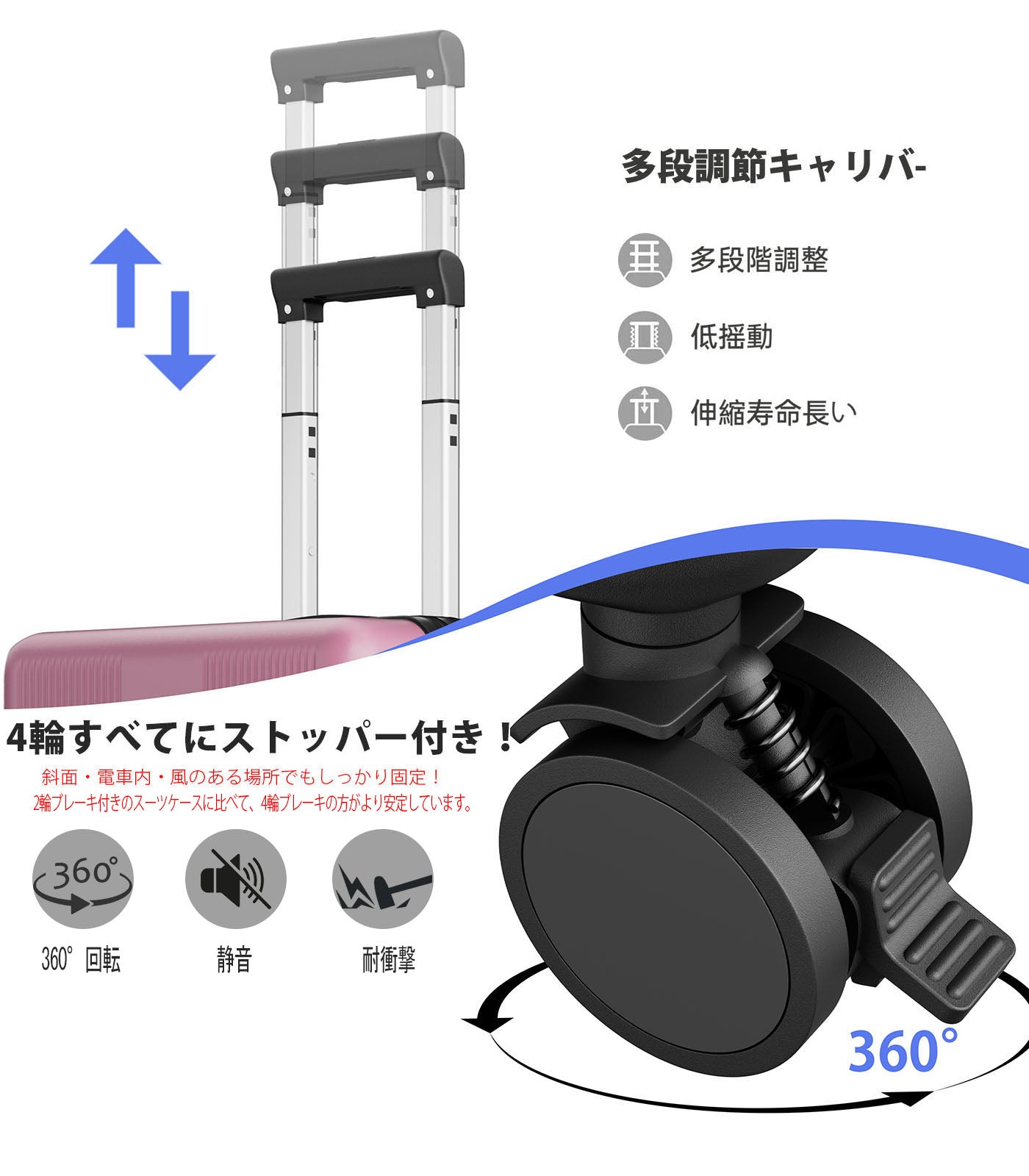 拡張スーツケース 100%PC・YKKファスナー｜機内持ち込み〜大型 USB・カップホルダー付き 静音キャスター TSAロック（S/M/L）