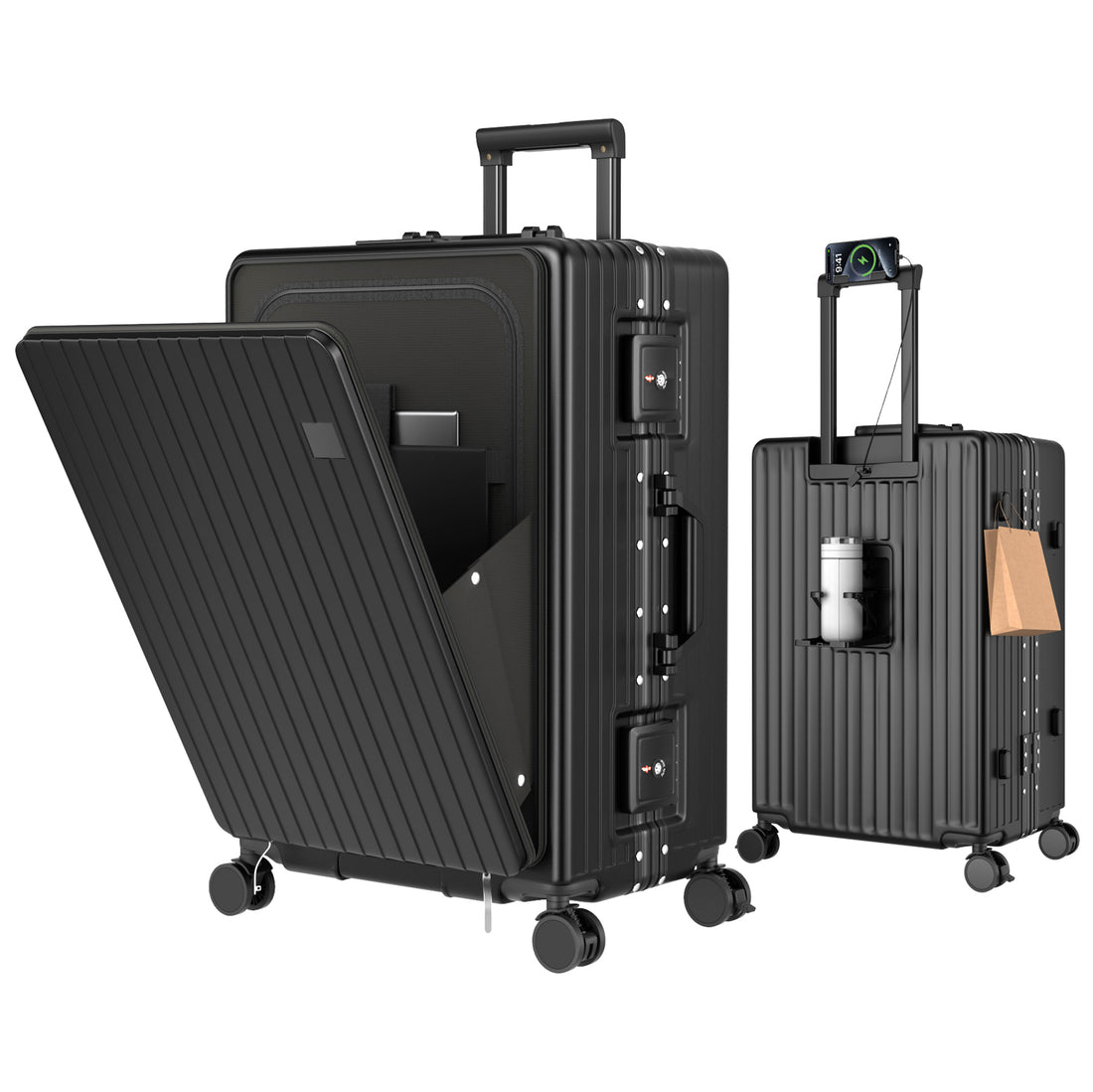 Ashard front-open aluminum-frame suitcase L333, front view, black