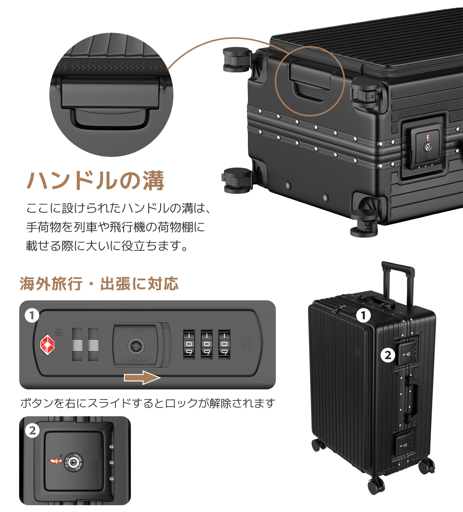 Ashard Front-Open Suitcase - Black handle detail，Ashard suitcase L333 TSA-approved lock, close-up
