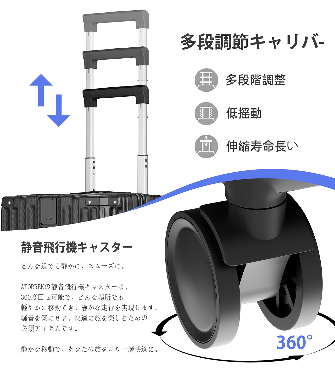 拡張スーツケース 超軽量 ABS+PC｜静音キャスター USB・カップホルダー付き 隠しフック キャリーケース（S/M/L）