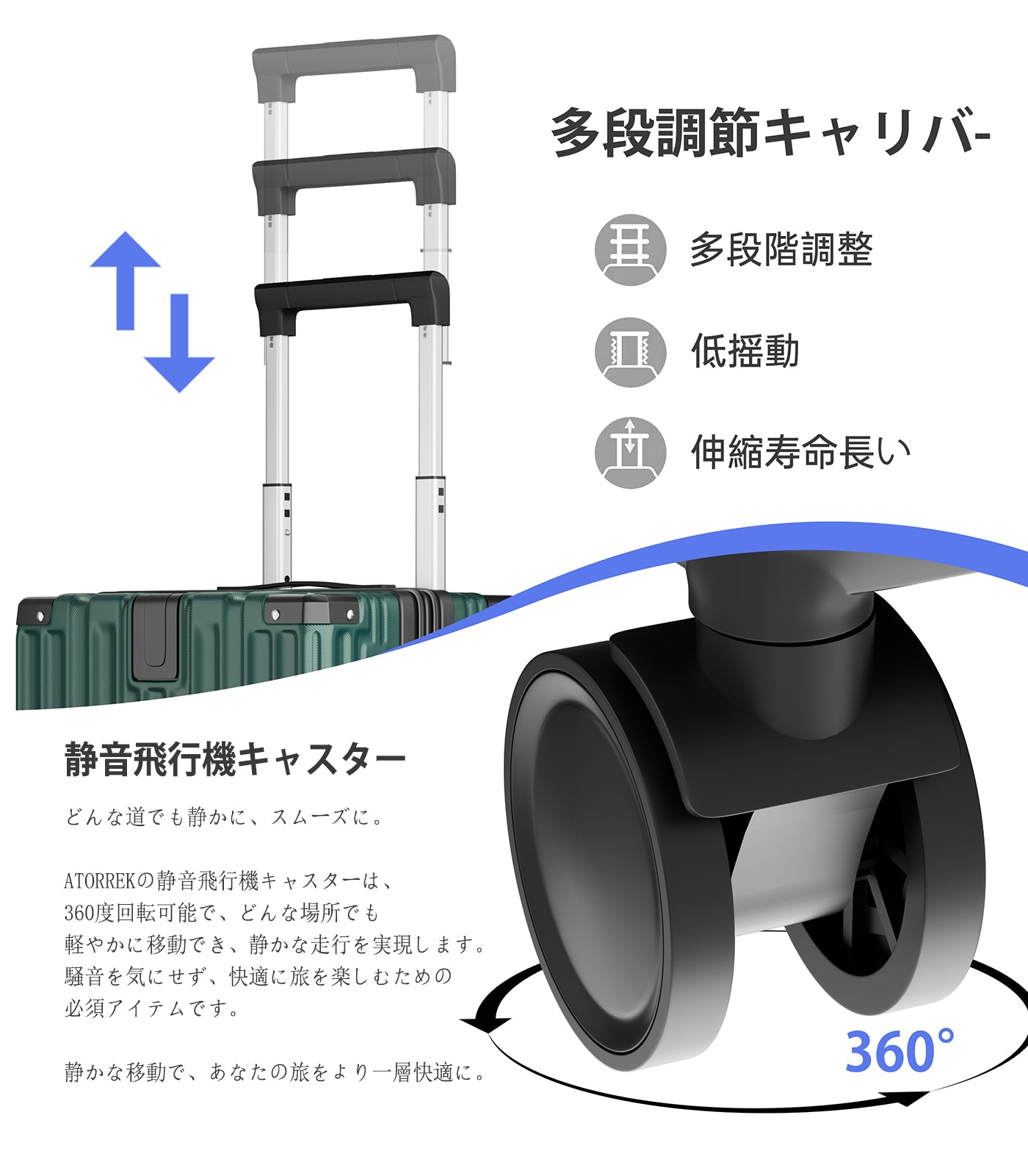 拡張スーツケース 超軽量 ABS+PC｜静音キャスター USB・カップホルダー付き 隠しフック キャリーケース（S/M/L）