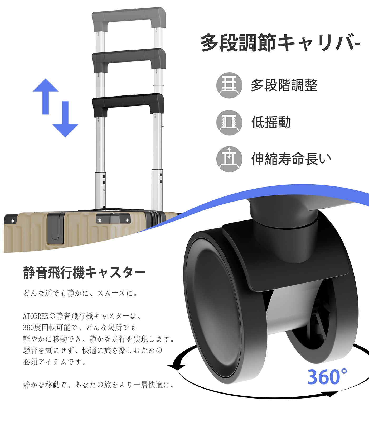 拡張スーツケース 超軽量 ABS+PC｜静音キャスター USB・カップホルダー付き 隠しフック キャリーケース（S/M/L）