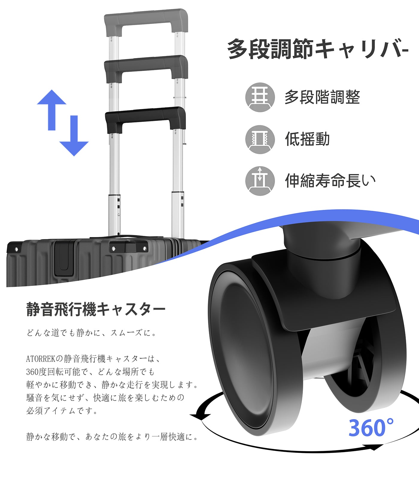 拡張スーツケース 超軽量 ABS+PC｜静音キャスター USB・カップホルダー付き 隠しフック キャリーケース（S/M/L）