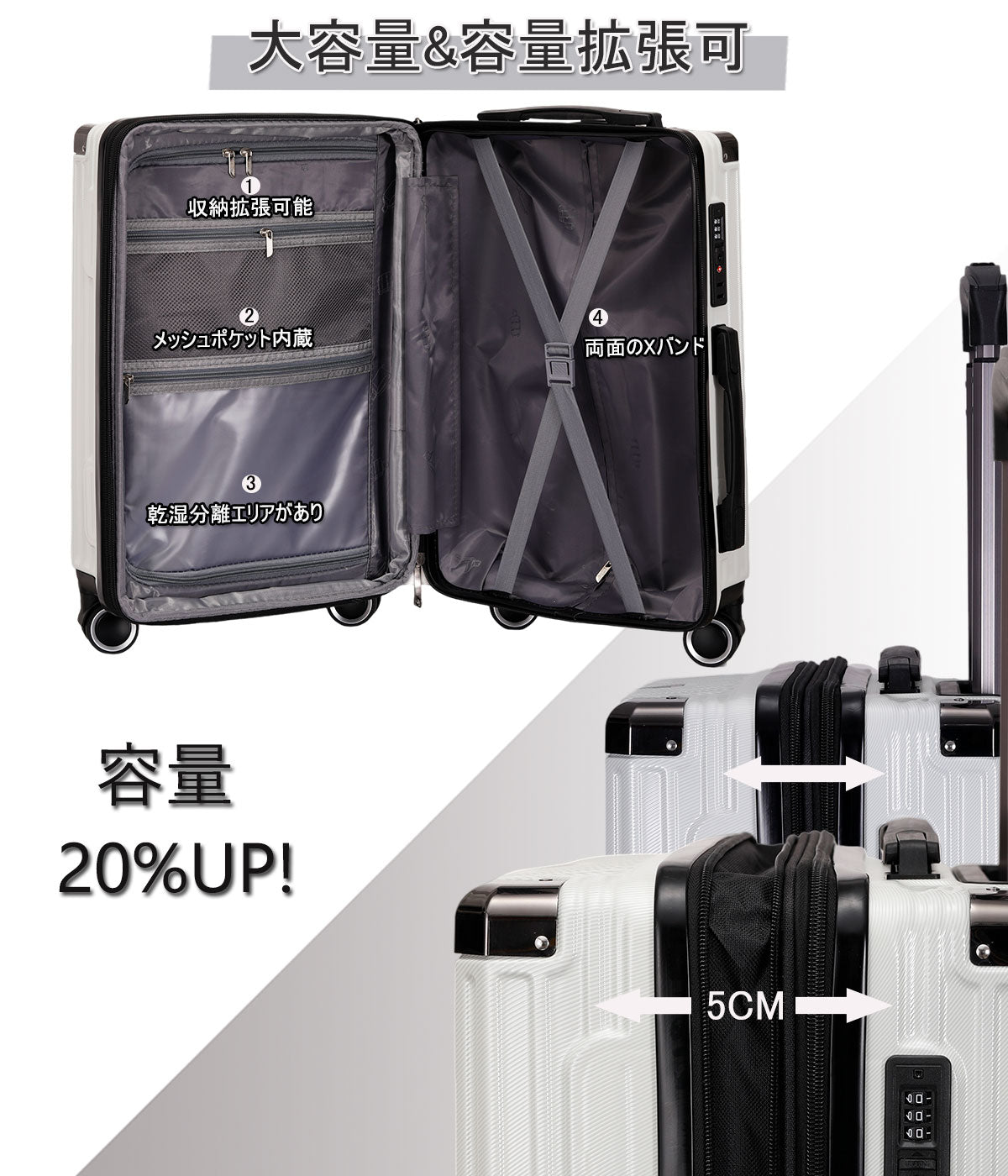 拡張スーツケース 超軽量 ABS+PC｜静音キャスター USB・カップホルダー付き 隠しフック キャリーケース（S/M/L）